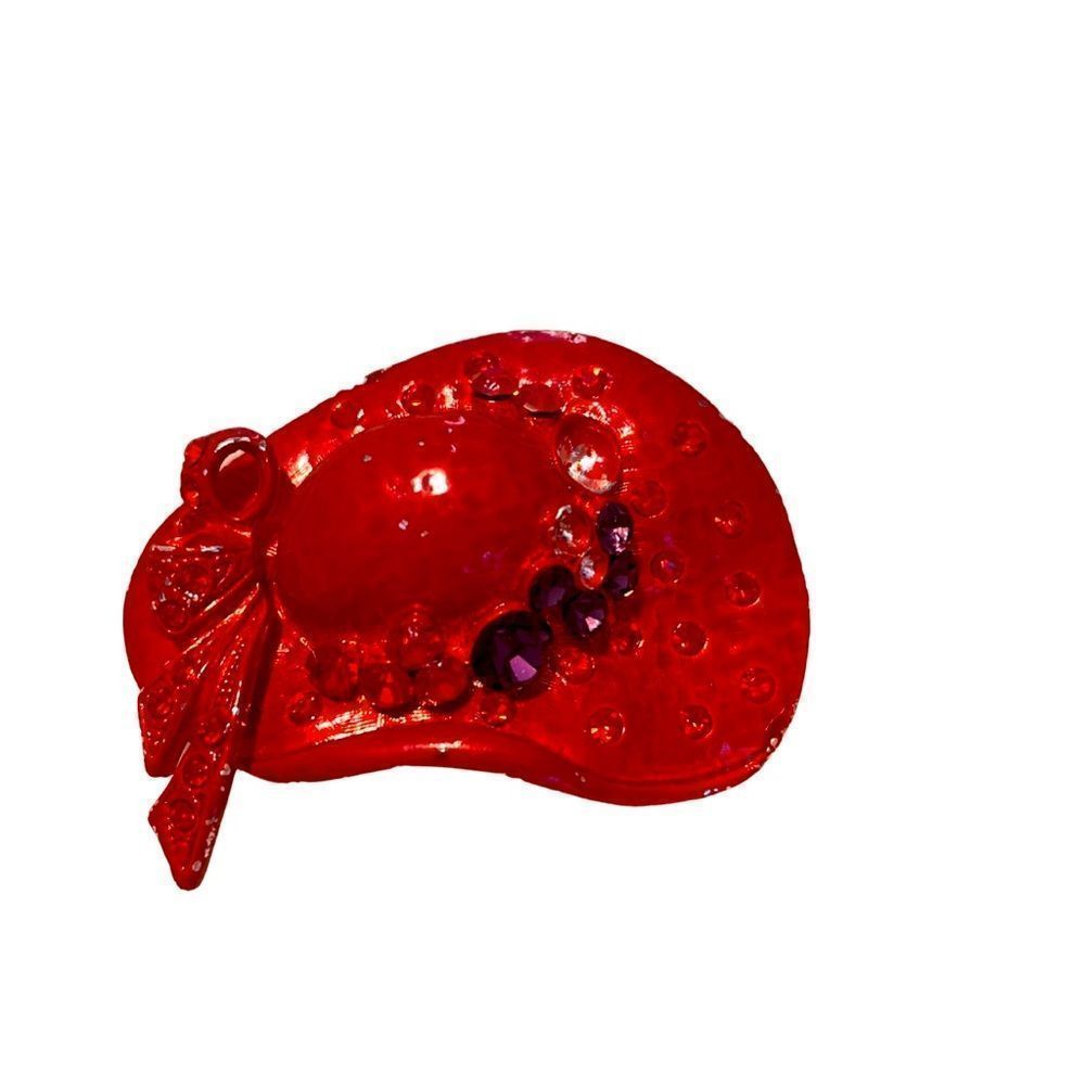 Vintage Red Ceramic and Rhinestone Hat Brooch